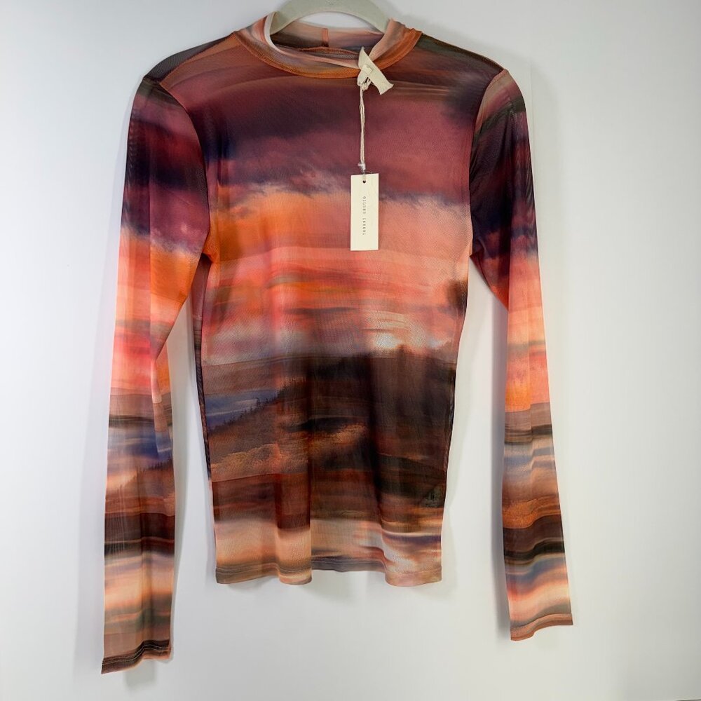 Gilded Intent Mesh Long Sleeve Top – Size Small – Sunset Abstract Print